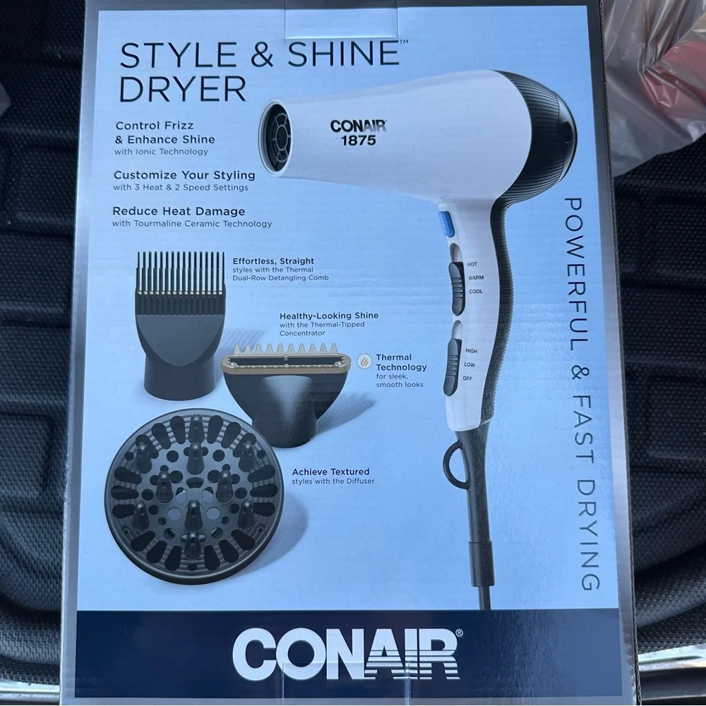 Conair Style & Shine Reduce heat damage & control frizz hair dryer + attachments